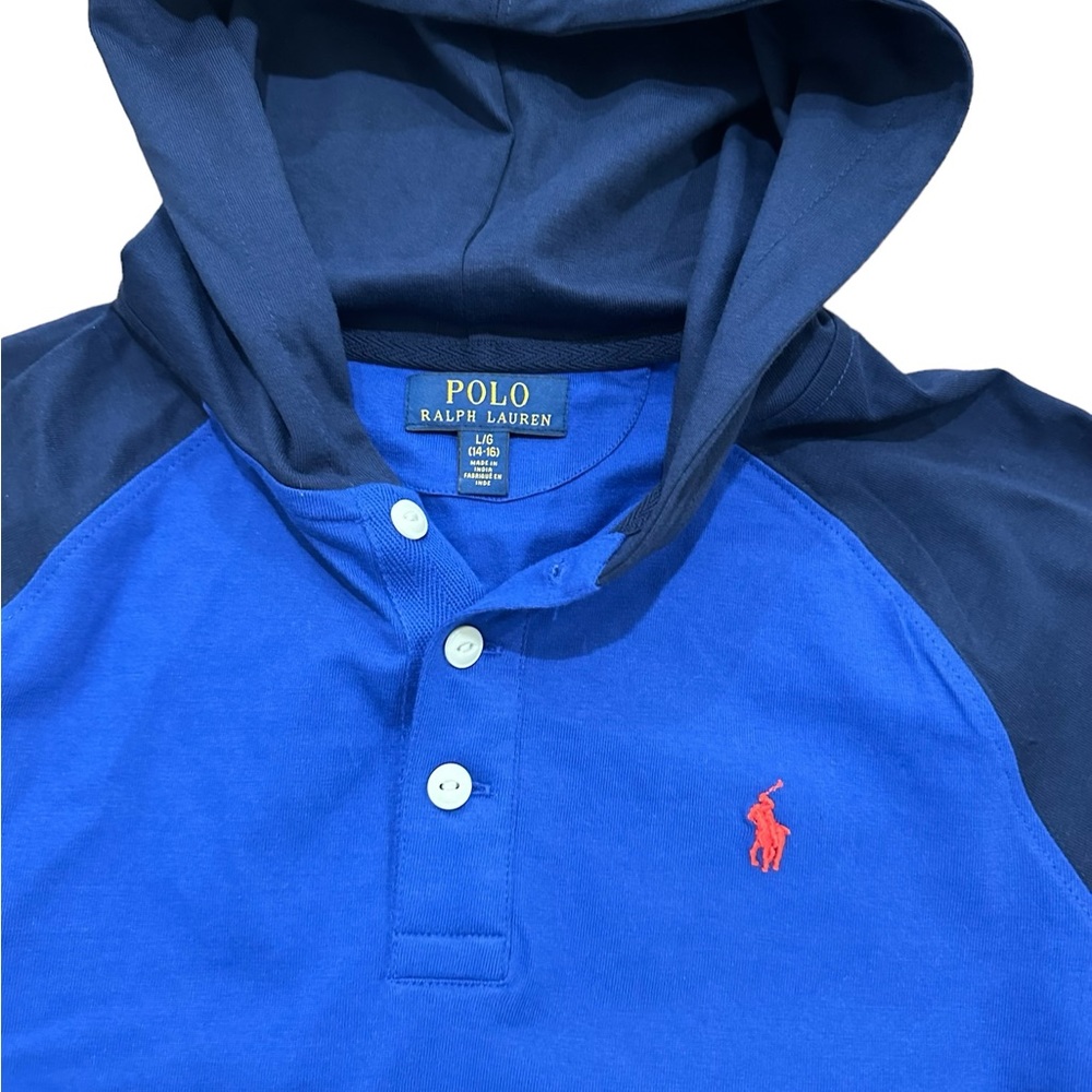 Polo Ralph Lauren Boys Hooded Henley Shirt Navy Royal Blue Size L 14-16 - Picture 4 of 4